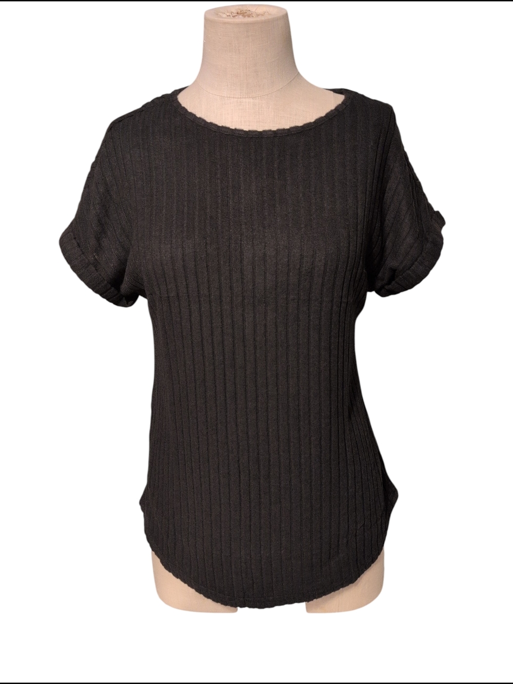 Nwt Anrabess Soft Black Ribbed Short Sleeve Top Blouse Shirt Dress Casual Medium